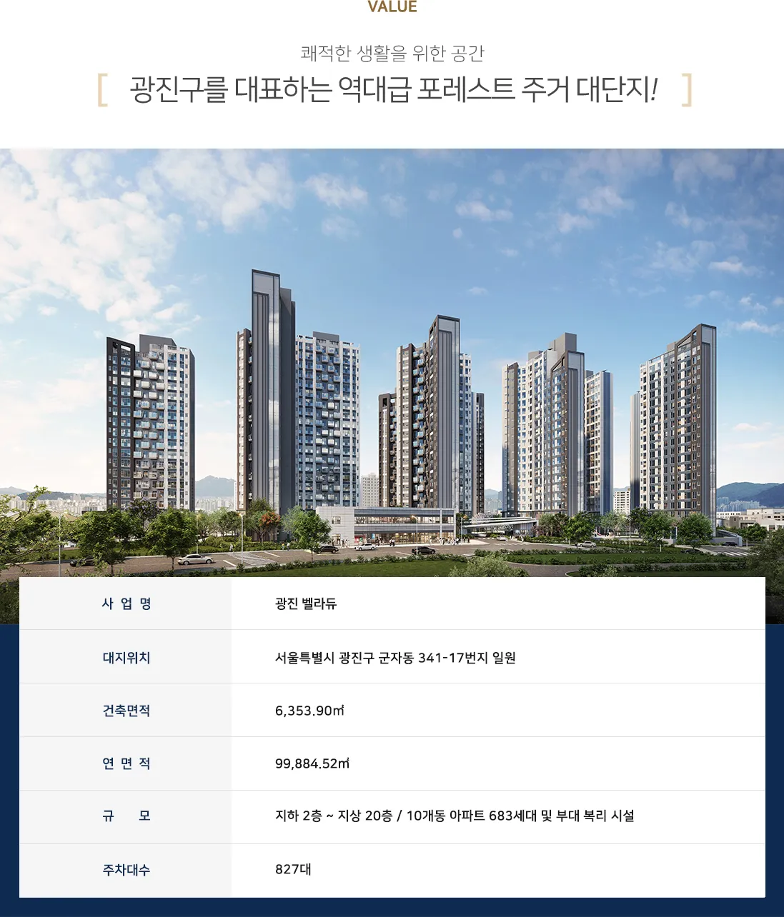 광진 벨라듀 사업개요 — 대지위치·건축면적·연면적·규모·주차대수